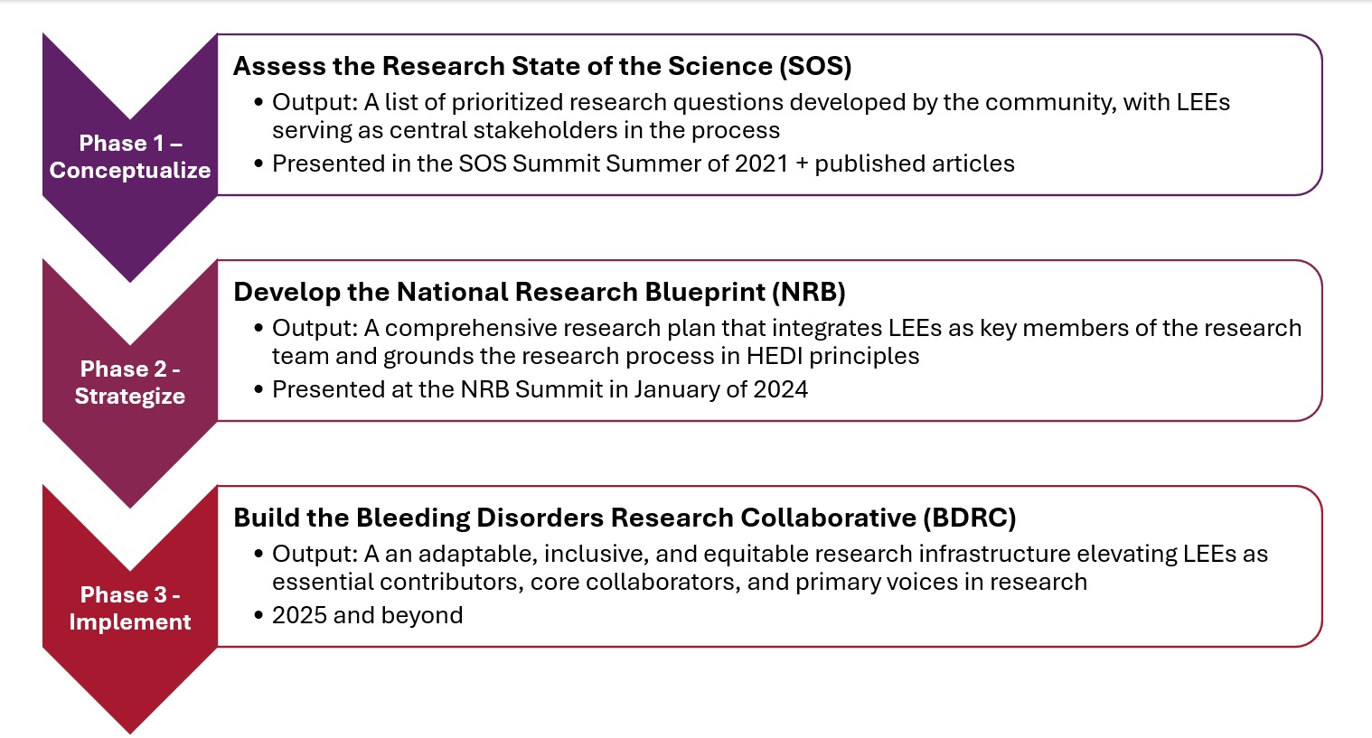 A graphical depiction of the three different phases of this ambitious initiative. Phase 1: conceptualization - assessing the research state of the science. Phase 2: strategizing - developing the national research blueprint. And Phase 3: implementing - building the bleeding disorders research collaborative.